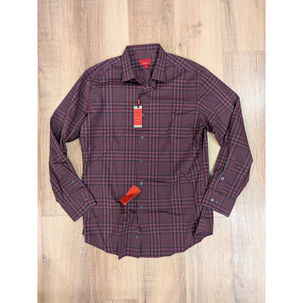 Alfani Mens Slim Fit Stretch Plaid Dress Shirt M 15-15.5 32/33 Burgundy AH17BEVP